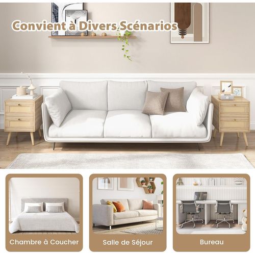 Table De Chevet En Rotin, Table De Nuit Bois Avec 2 Tiroirs Et 4 Pieds En Pin, 40 X 40 X 59 Cm