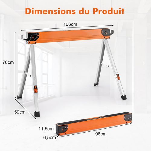 Lot De 2 Tréteaux De Sciage Pliables Charge 500 Kg, Tréteaux Portable Avec 2x4 Bras,106 X 76 X 59cm