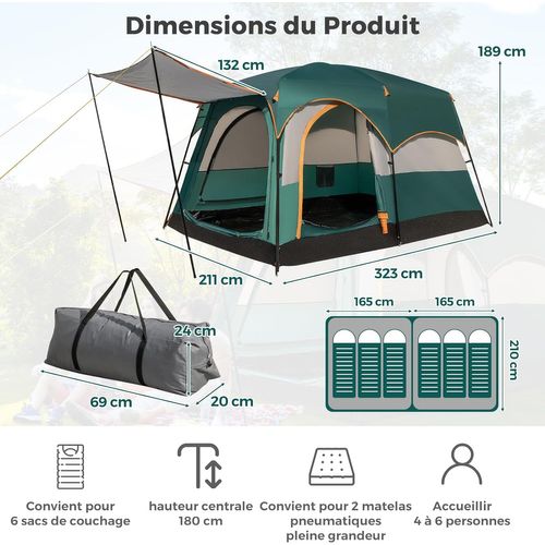 Tente De Camping Avec 2 Pièces Pour 4-6 Personnes, Tente Familiale Double Couchage Double