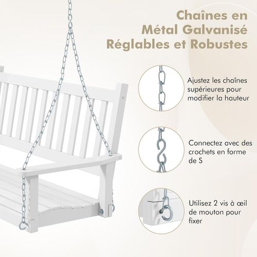 Balançoire De Porche Suspendue Pour 3 Personnes,Banc De Balançoire D'extérieur En Bois Massif,Blanc