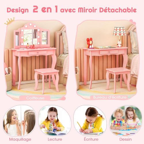 2 En 1 Coiffeuse Enfants Et Tabouret Avec Miroir Amovible à Trois Volets, 3 Ans+, 70x34x103cm(rose)
