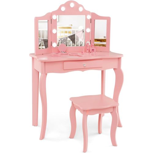 2 En 1 Coiffeuse Enfants Et Tabouret Avec Miroir Amovible à Trois Volets, 3 Ans+, 70x34x103cm(rose)