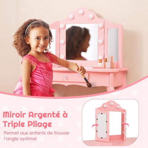 2 En 1 Coiffeuse Enfants Et Tabouret Avec Miroir Amovible à Trois Volets, 3 Ans+, 70x34x103cm(rose)