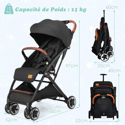 Poussette Pliable Canne Bébé 0-3 Ans Charge 15 Kg Avec Dossier Et Auvent Réglables Et Roues (noir)