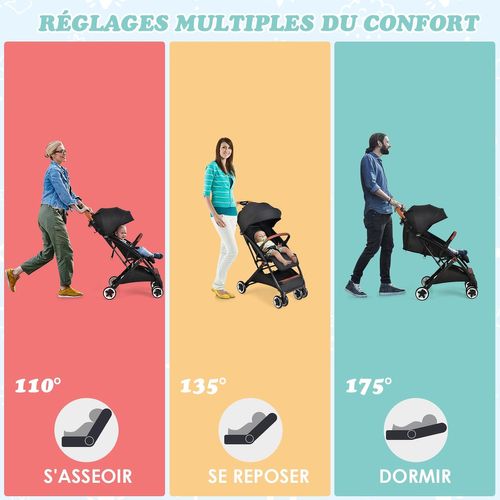 Poussette Pliable Canne Bébé 0-3 Ans Charge 15 Kg Avec Dossier Et Auvent Réglables Et Roues (noir)