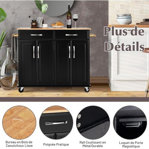 Desserte De Cuisine Sur Roulettes Avec Comptoir En Bois D'hévéa, 122 X 48 X 93 Cm, Noir