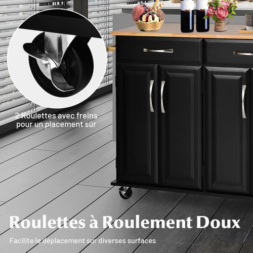 Desserte De Cuisine Sur Roulettes Avec Comptoir En Bois D'hévéa, 122 X 48 X 93 Cm, Blanc