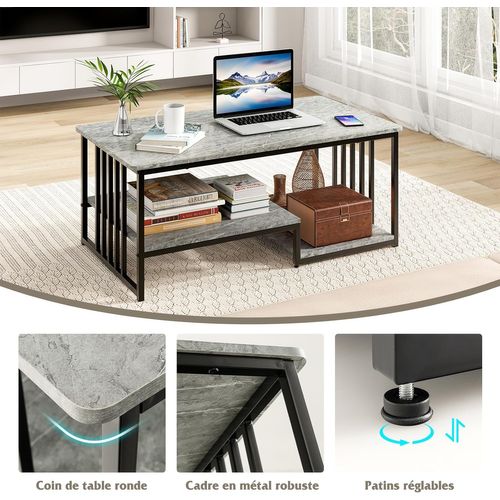 Table Basse Marbre, Table Basse Salon Rectangulaire Avec 2 Étagères, Cadre , 110 X 60 X 45 Cm