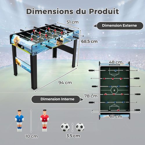 Baby-foot Avec 14 Joueurs Et 4 Pieds Amovibles, 2 Ballons Et Gardien De Score, 94 X 51 X 68,5 Cm