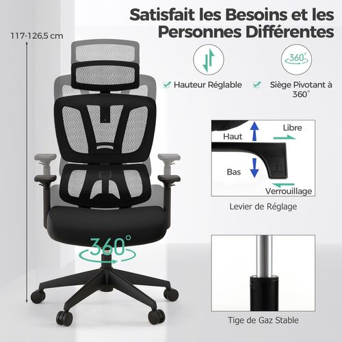 Chaise De Bureau Ergonomique, Fauteuil Bureau Inclinable Pivotant Réglable En Hauteur, Noir