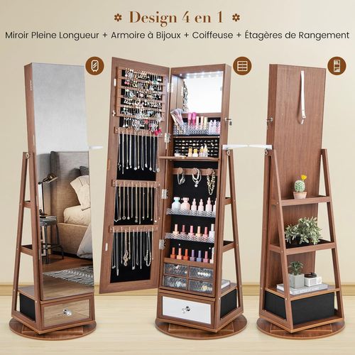Armoire à Bijoux Avec Miroir Sur Pieds, Pivotant 360°, Miroir Psyché Sans Cadre, Lumières LED(brun)