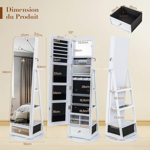 Armoire à Bijoux Avec Miroir Sur Pieds, Pivotant 360°, Miroir Psyché Sans Cadre,lumières LED(blanc)