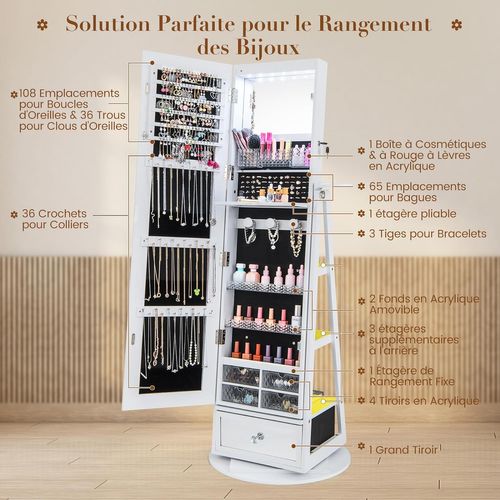 Armoire à Bijoux Avec Miroir Sur Pieds, Pivotant 360°, Miroir Psyché Sans Cadre,lumières LED(blanc)