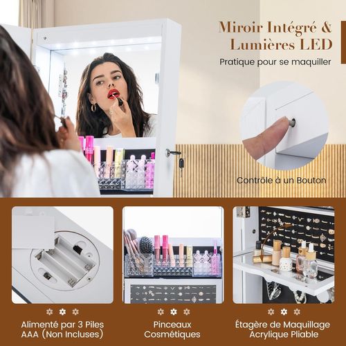 Armoire à Bijoux Avec Miroir Sur Pieds, Pivotant 360°, Miroir Psyché Sans Cadre,lumières LED(blanc)