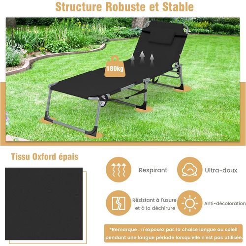 Bain De Soleil En Aluminium Avec Dossier Réglable, Chaise Longue Pliante , Charge 180kg (noir)