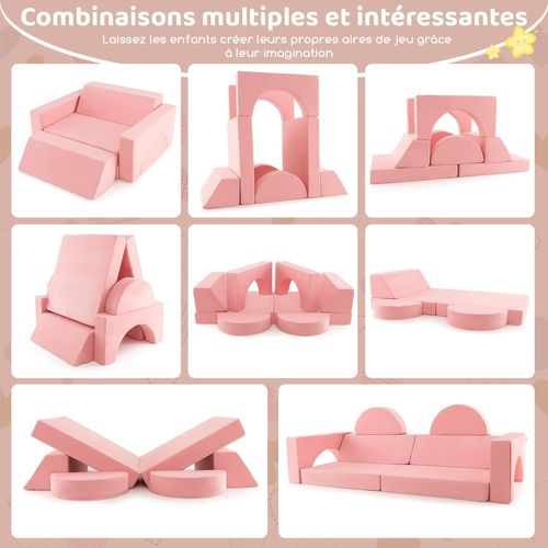 Canapé Enfants 8 Pièces Avec Combinaisons Multiples, Fauteuil Enfant Convertible (rose)