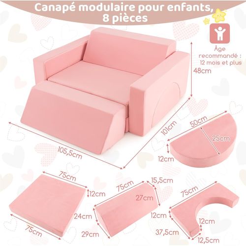 Canapé Enfants 8 Pièces Avec Combinaisons Multiples, Fauteuil Enfant Convertible (rose)