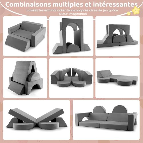Canapé Enfants 8 Pièces Avec Combinaisons Multiples, Fauteuil Enfant Convertible (gris)