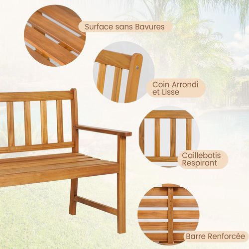Banc De Jardin En Bois Massif D'acacia, Banc D'extérieur à 2 Places , 122x56,5x86 Cm, Naturel