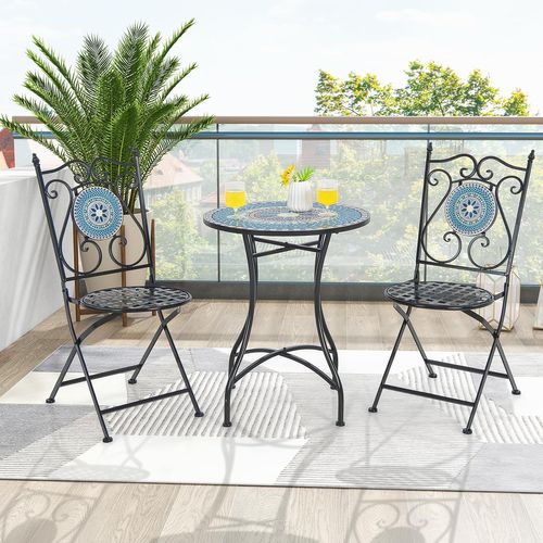 Ensemble Bistrot Pour Patio 3 Pièces En Métal à Motif Mosaïque,ensemble Salon De Jardin (bleu)