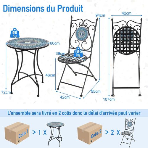 Ensemble Bistrot Pour Patio 3 Pièces En Métal à Motif Mosaïque,ensemble Salon De Jardin (bleu)