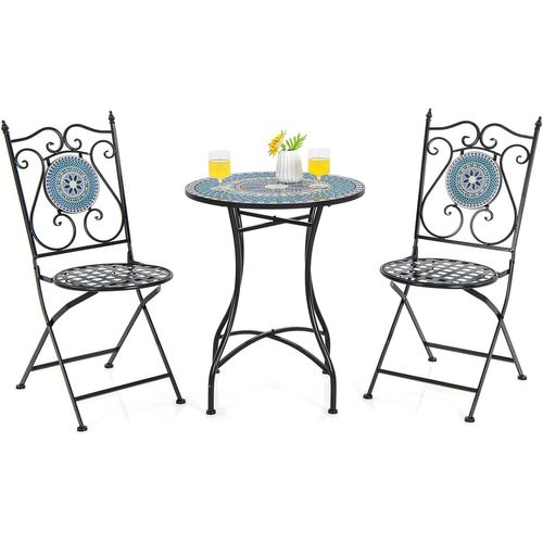Ensemble Bistrot Pour Patio 3 Pièces En Métal à Motif Mosaïque,ensemble Salon De Jardin (bleu)
