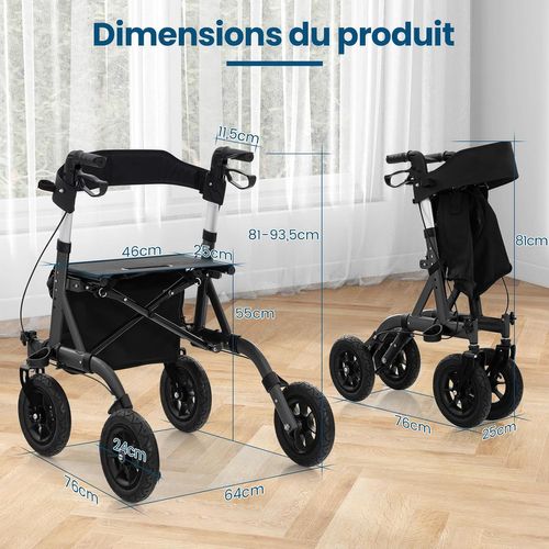Déambulateur à Roue Pneumatique Tout Terrain De 24 Cm Réglables En Hauteur 81-93,5 Cm(noir)