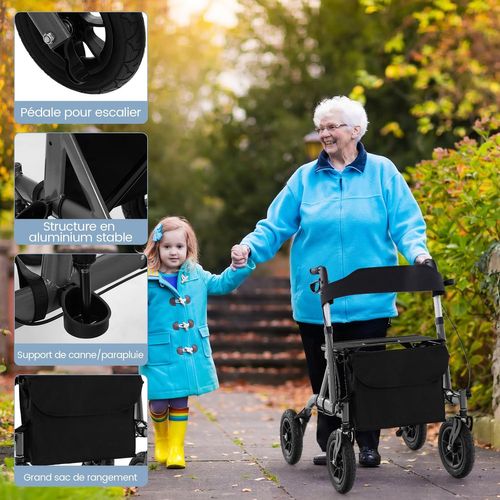 Déambulateur à Roue Pneumatique Tout Terrain De 24 Cm Réglables En Hauteur 81-93,5 Cm(noir)