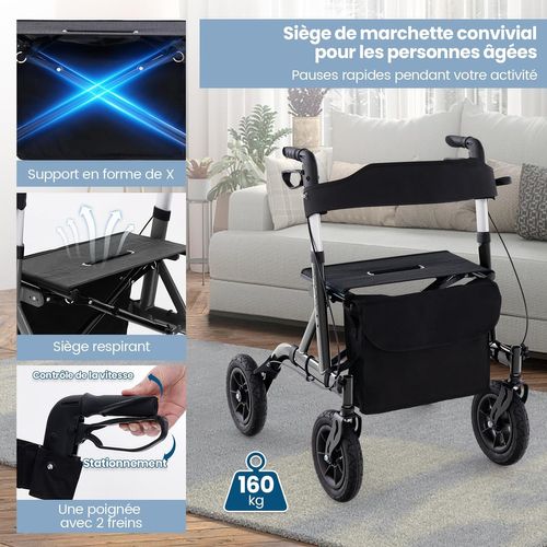 Déambulateur à Roue Pneumatique Tout Terrain De 24 Cm Réglables En Hauteur 81-93,5 Cm(noir)