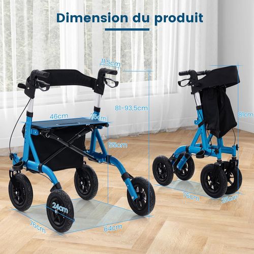 Déambulateur à Roue Pneumatique Tout Terrain De 24 Cm Réglables En Hauteur 81-93,5 Cm(bleu)