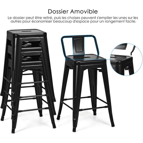 Lot 4 Tabourets De Bar Métal, Chaise Industrielle Empilable Hauteur D'assise 60 Cm, Cuisine, Café