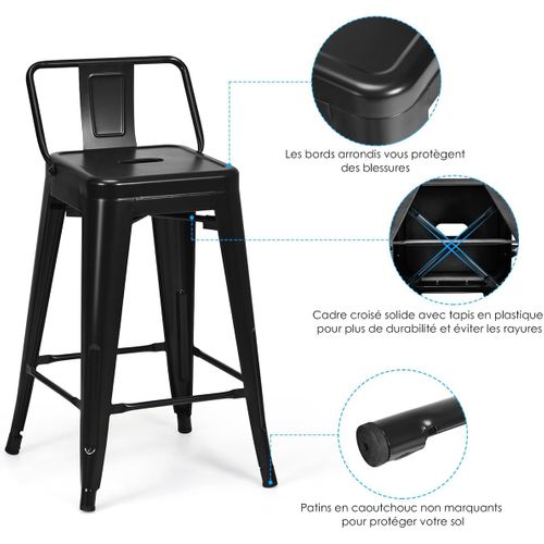 Lot 4 Tabourets De Bar Métal, Chaise Industrielle Empilable Hauteur D'assise 60 Cm, Cuisine, Café