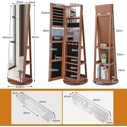 Armoire à Bijoux Pivotante à 360°, Rangement Bijoux Design 3 En 1 , Organisateur De Bijoux, Brun