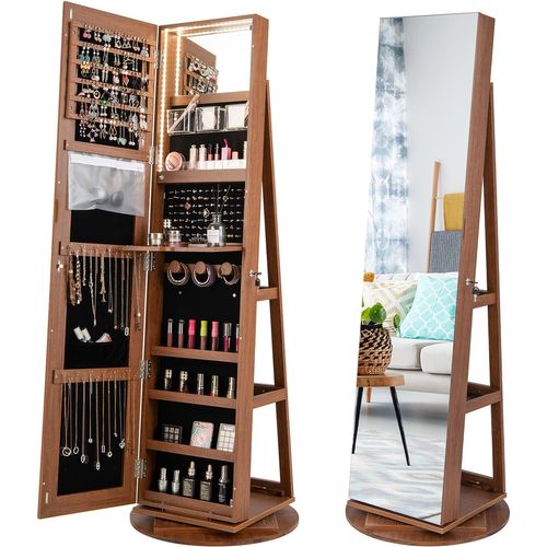 Armoire à Bijoux Pivotante à 360°, Rangement Bijoux Design 3 En 1 , Organisateur De Bijoux, Brun