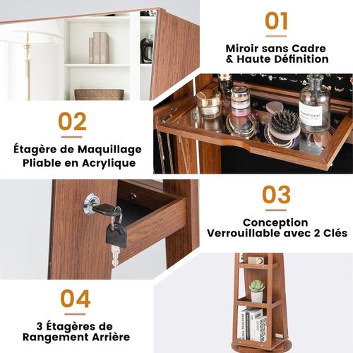 Armoire à Bijoux Pivotante à 360°, Rangement Bijoux Design 3 En 1 , Organisateur De Bijoux, Brun