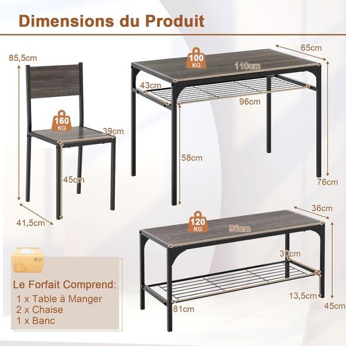 Ensemble Table Et Chaise Pour 4 Personnes, Table Cuisine, Table à Manger 110 X 65 Cm (gris)
