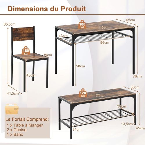 Ensemble Table Et Chaise Pour 4 Personnes, Table Cuisine,table à Manger 110x65 Cm (marron Rustique)