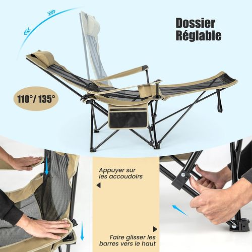 Chaise De Camping Pliable, Poche Latérale Et Porte-gobelet, Charge 150 Kg(kaki)