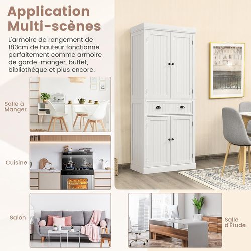 Armoire Cuisine, Buffet Cuisine Rangement 4 Portes Avec Grand Tiroir, 4 Étagères Réglables(blanc)