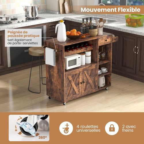 Desserte Sur Roulettes Industriel,placard Étagère Réglables, Pour Salon, Cuisine, Marron Rustique