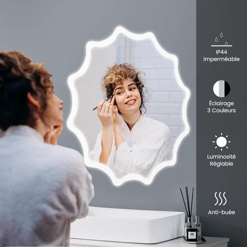 Miroir De Salle De Bain à LED Φ60 Cm, Miroir Mural Lumineux Avec 3 Couleurs Et Luminosité Réglable