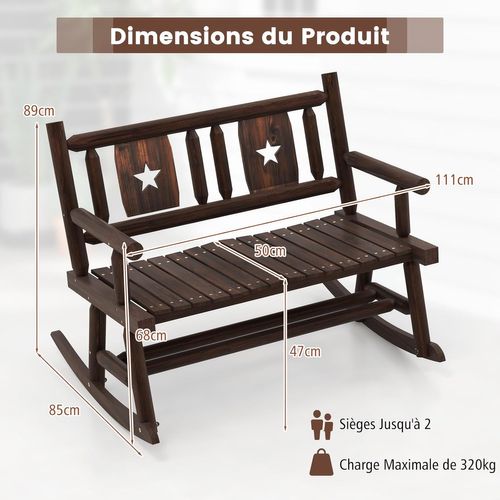 Banc à Bascule De Jardin En Bois Massif De Sapin, Bois Carbonisé Anti-corrosion, Style Rustique