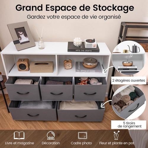 Commode Rangement 5 Tiroirs, Chiffonnier Avec 2 Grands Compartiments,salon, 100 X 30 X 78 Cm