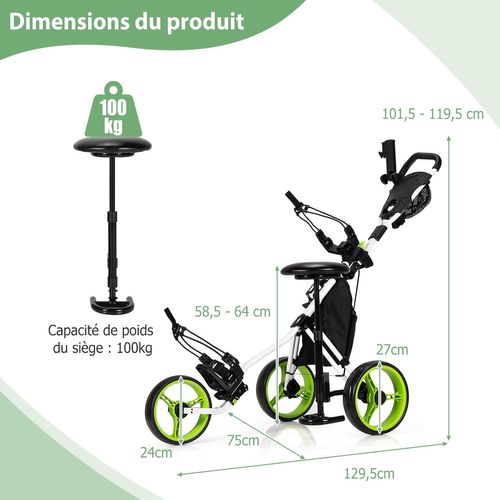 Chariot De Golf à 3 Roues Pliable, Avec Frein à Pied, Poignée et Siège Réglable (vert + Noir)
