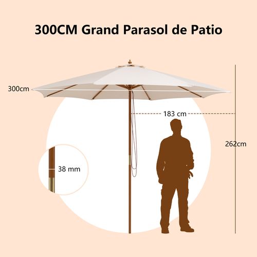 Parasol De Jardin Ø 3m à 3 Hauteurs Réglables, Parasol D’extérieur à 8 Baleines En Bambou