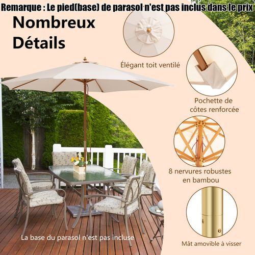 Parasol De Jardin Ø 3m à 3 Hauteurs Réglables, Parasol D’extérieur à 8 Baleines En Bambou