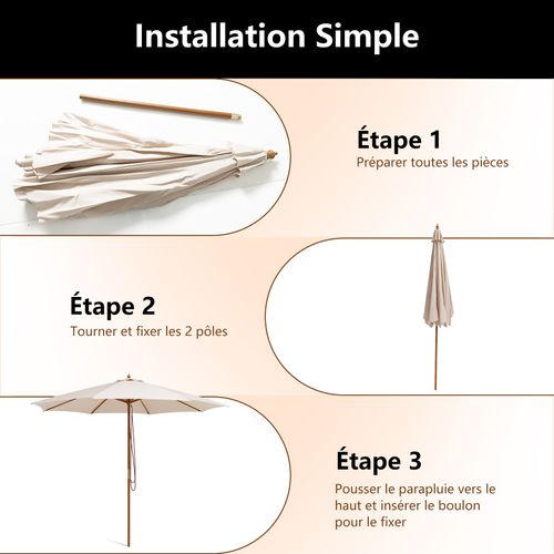 Parasol De Jardin Ø 3m à 3 Hauteurs Réglables, Parasol D’extérieur à 8 Baleines En Bambou