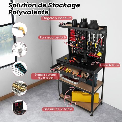 Établi Atelier Garage Avec Étagères Et Tiroirs 2 Panneaux Perforés, 81 X 41 X 155 Cm(noir+rouge)