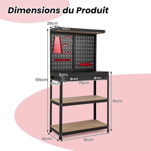 Établi Atelier Garage Avec Étagères Et Tiroirs 2 Panneaux Perforés, 81 X 41 X 155 Cm(noir+rouge)