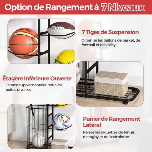 Étagère De Rangement Pour Balles à 7 Niveaux, Support De Basket-ball En Métal, Noir